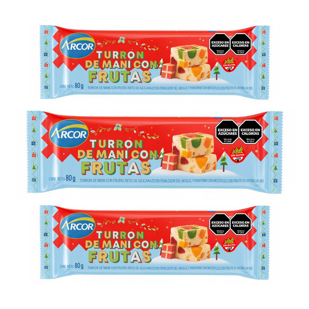 Arcor Turrón Maní con Frutas Peanuts & Fruits Classic Christmas Nougat, 80 g / 2.8 oz (pack of 3 bars)