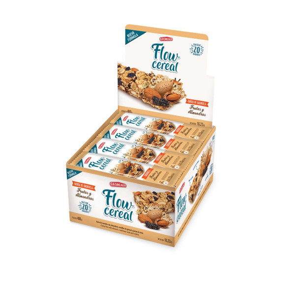 Flow Cereal Granola Fruit, Almond, Sunflower Seeds & Raisins Cereal Bars Granola Frutas & Almendras, 460 g / 16.23 oz (box of 20)
