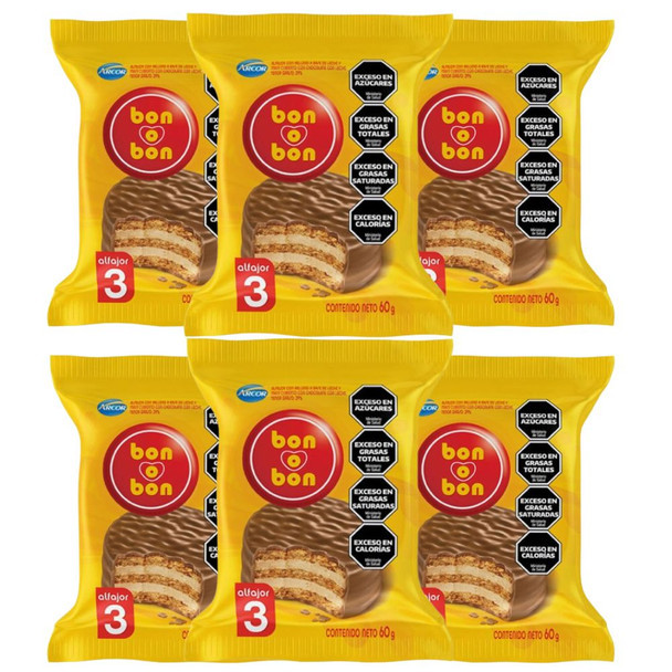 Bon O Bon Alfajor Triple with Peanut Butter and Milk Chocolate, 60 g / 2.1 oz (pack of 6)