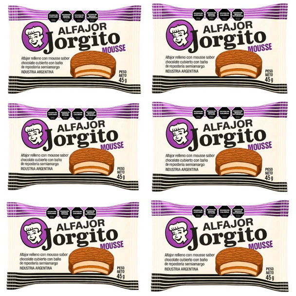 Jorgito Alfajor Mousse Chocolate Coated Alfajor Relleno de Mousse Sabor Chocolate, 45 g / 1.6 oz (pack of 6)
