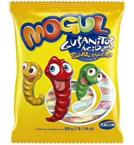 Mogul Gomitas Gusanitos Ácidos Sour Worms Candies Gummies Assorted Jelly Gums Strawberry- Pineapple, Lemon & Cherry-Orange, 500 g / 1.1 lb