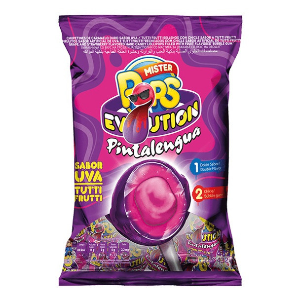 Mister Pops Evolution Pintalengua Chupetín-Chicle Chupetín de Uva Relleno con Chicle Cherry & Tutti-Frutti Flavored Lollipops Filled With Tutti Frutti Bubblegum, 432 g / 15.24 oz (bag of 24 lollypops)