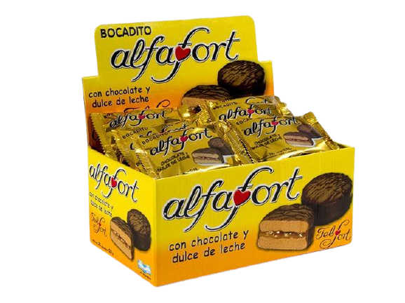 Bocadito Alfafort con Chocolate y Dulce de Leche Milk Chocolate Alfajorcitos Mini Cakes with Dulce de Leche Filling, 28 g / 0.98 oz (box of 24 units)