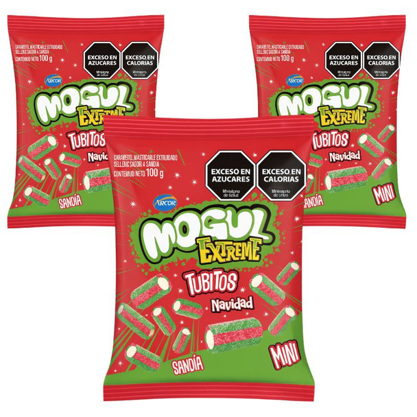 Mogul Extreme Mini Tubitos Christmas Edition Gummy Candy, 100 g / 3.5 oz (pack of 3)