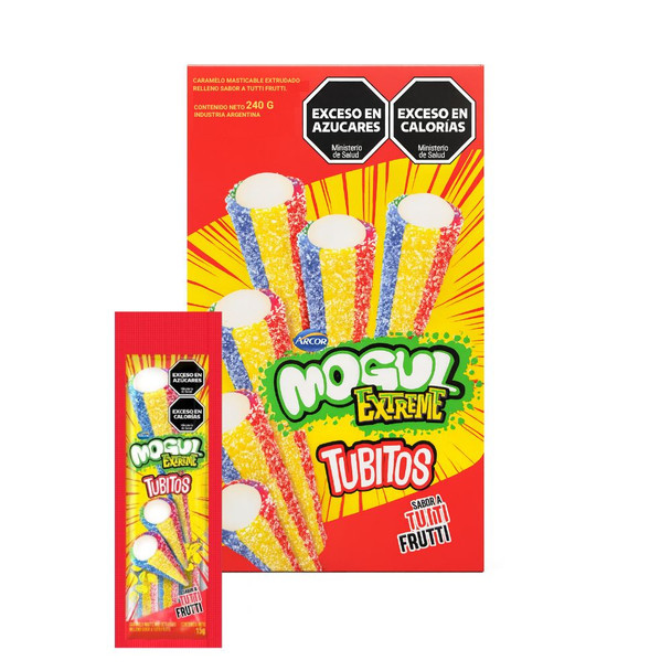 Mogul Extreme Tubitos Gummy Sticks - Tutti Frutti Flavored Candy, 15 g / 0.5 oz ea (box of 16 units)