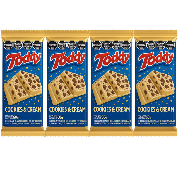Toddy Chocolate Bar Filled with Cookies & Cream Barra de Chocolate Rellena de Galletas y Crema, 60 g / 2.1 oz (pack of 4)