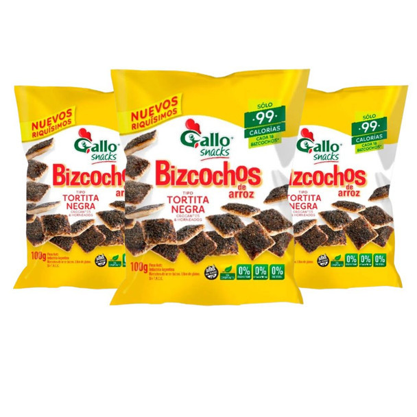 Gallo Bizcochos Galletas Arroz Torta Negra Sweet Baked Sugar Gluten-Free Sin TACC Crocante Horneadas Baked, 100 g / 3.5 oz ea (pack of 3)