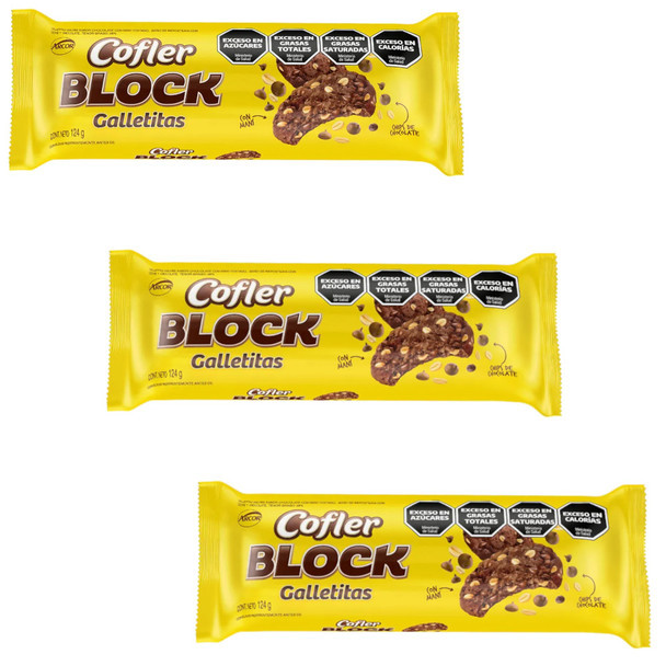 Cofler Block Chocolate Chip & Peanut Cookies, Galletitas Sabor Chocolate, 124 g / 4.4 oz (pack of 3)
