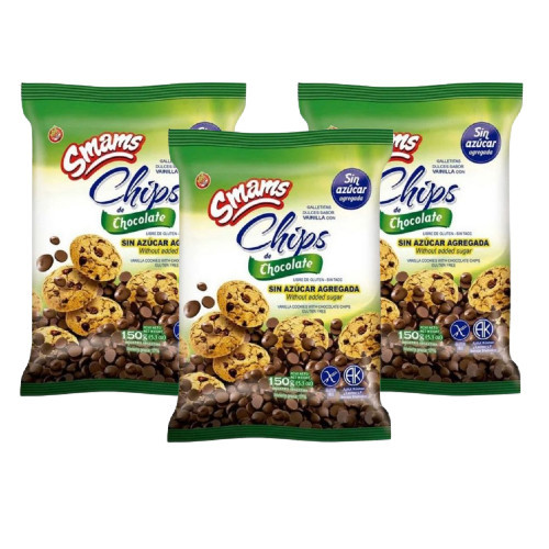 Smams Galletitas Chips de Chocolate, Chocolate Chips Cookies No Added Sugar, Gluten Free & Kosher Cookies, 150 g / 5.29 oz (pack of 3)