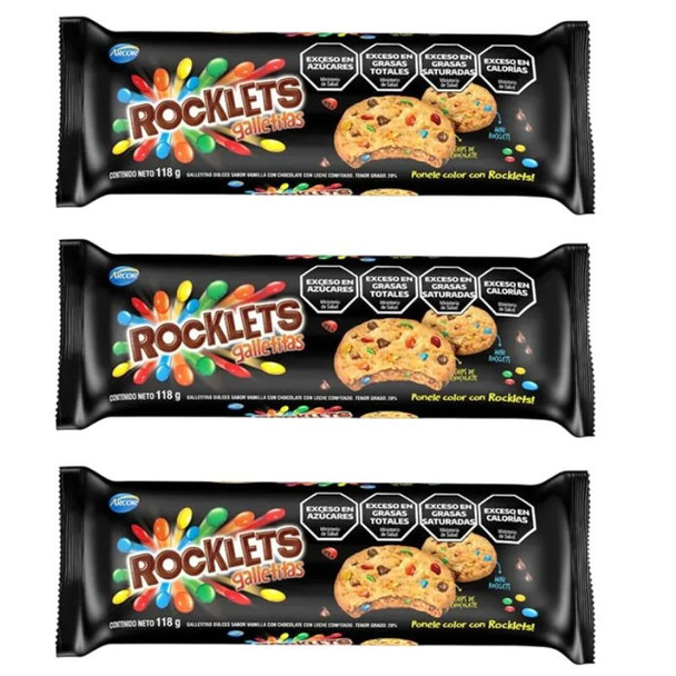 Rocklets Galletitas Cookies with Rocklets Candy Coated Chocolate Chips Galletitas con Chispas de Chocolate Cubiertas de Caramelo Rocklets, 118 g / 4.2 oz (pack of 3)