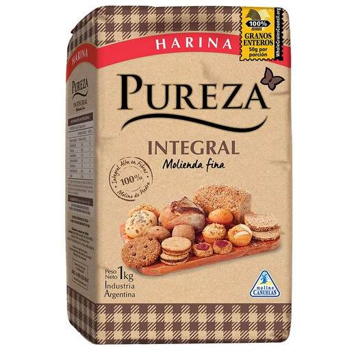 Pureza Harina 100% Integral Molienda Fina Wholemeal Flour Whole Grains Granos Enteros Excellent For Baked Food, 1 kg / 2.2 lb