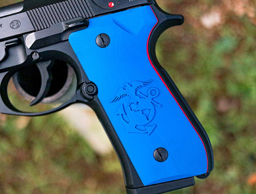 Beretta 92 Engraved USMC in blue shown with optional red liner