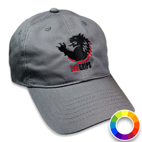 LOK Grips Logo Hat shown in 3/4 view in gray with colorwheel