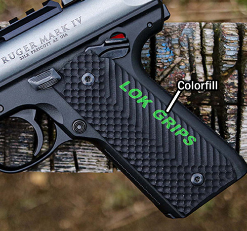 Ruger 22/45 Mark IV "LOK Grips" Colorfill shown closeup black grip with neon green fill