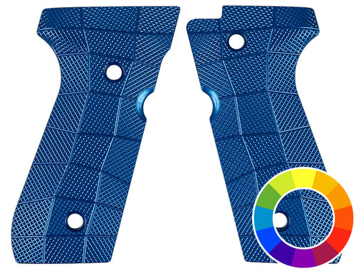 Beretta 92 Thin GridLOK Aluminum grips shown unmounted and in blue with color wheel