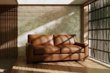 EO#29 Amaretto Leather shown on Modern Loveseat