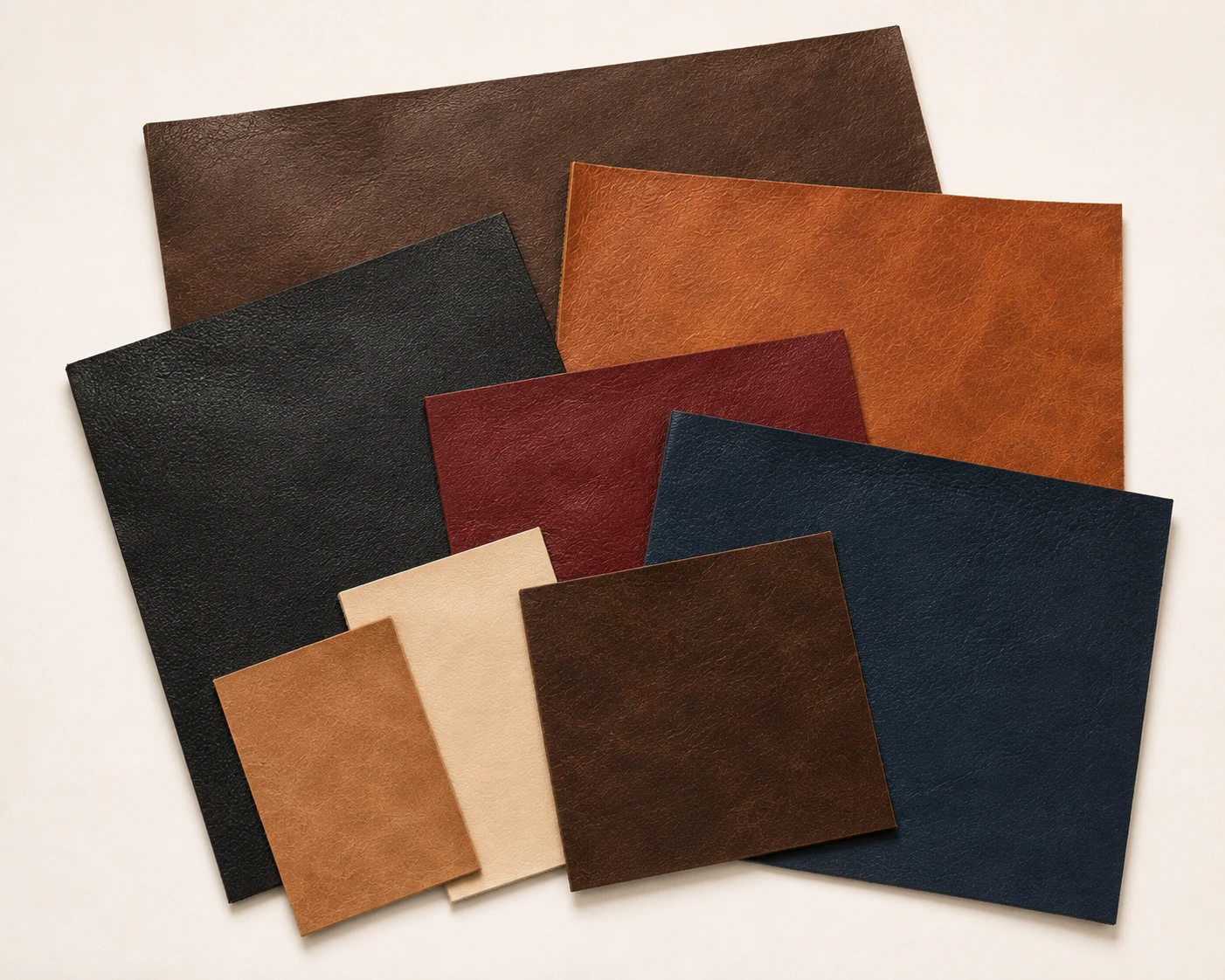 Stacked pre-cut leather sheets in assorted colors