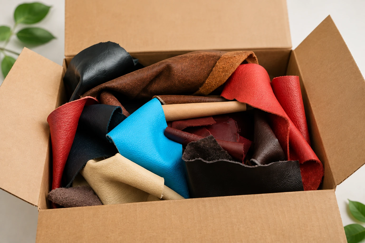 Mixed Leather Scraps in a box