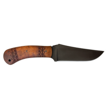 WINKLER KNIVES Belt Knife Black Trailing Point Tribal Maple Wood Handle Fixed Blade Knife with Brown Leather Sheath