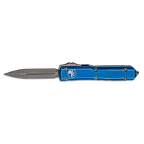 MICROTECH Ultratech 3.5in Stonewash Dagger Distressed Blue Aluminum Handle Automatic Out-the-Front Knife