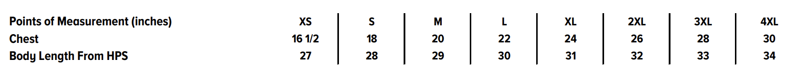 Tshirt size chart