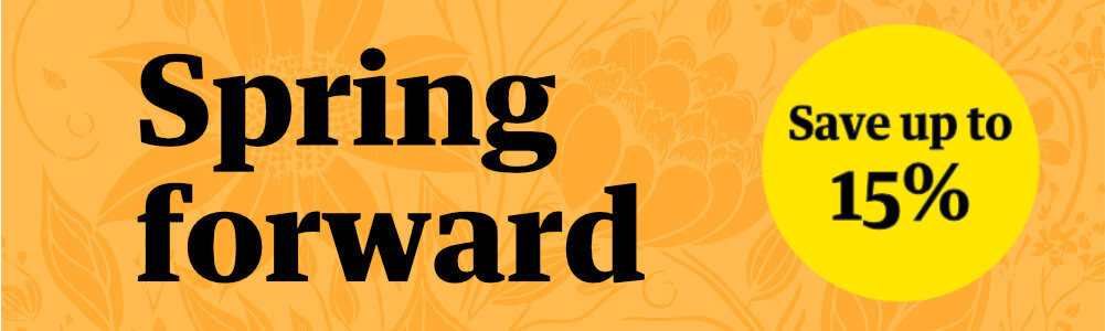 Promotional banner featuring books on nature and the environment with a green background and leaf patterns. The banners highlight a selection of books, with offers of up to 15% off on featured titles.