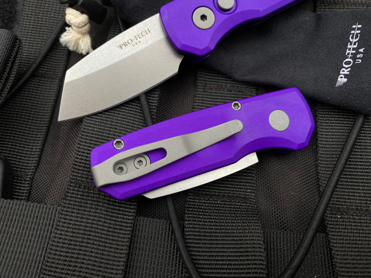 Protech Runt 5 R5401-PURPLE Solid Purple Handle 1.9 Stonewash MAGNACUT  Reverse Tanto Blade Automatic Knife