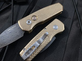 Pro-Tech Runt 5 Wharncliffe Auto Folder Bronzed AL Textured Handle and Mosaic Pin Button w/ Vegas Forge Spirograph Damascus Blade (1.94”) R5111-DAMA