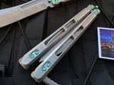 EOS Trident Balisong Stonewashed Titanium Handles w/ Green Hardware and Drop Point Stonewashed S30V Blade (4.5”)