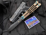 EOS Trident Balisong Bronzed Titanium Handles w/ Blue Hardware and Drop Point DLC S30V Blade (4.5”)-1677538946