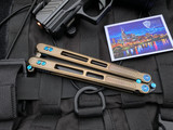 EOS Trident Balisong Bronzed Titanium Handles w/ Blue Hardware and Drop Point DLC S30V Blade (4.5”)-1677538946