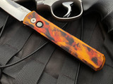 Pro-Tech Godfather Auto Folder Del Fuego Special Ano Mother of Pearl Button w/ Satin Plain Edge Blade (4”) 921-DF1