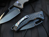 Heretic Knives Custom Medusa Auto Full DLC Titanium Frag Pattern Body and Abalone Inlaid Button and Pocket Clip w/ Hand Ground Stealth Polish Tanto Blade