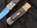 Pro-Tech Godson Auto Folder Solid Bronze Body and FatCarbon Black Camo Inlays w/ Mother of Pearl Button and Satin Finished Plain Edge Blade (3.15”) 7114-BLKCAMO