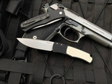 Pro-Tech BR-1 Magic Hidden Bolster Release Folder Black Aluminum Polished Ivory Micarta Inlaid Body w/ Stonewashed Plain Edge Blade (3.1”) BR1.51