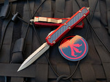Microtech Makora D/E Red Aluminum Carbon Fiber Inlaid Body w/ Bronzed Full Serrated Blade (3.4”) 206-15RDCFIS