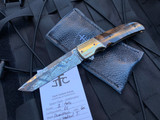 Jason Clark Custom Knives Folder “1-Tanto” Koa Wood Scales and Mokume Bolsters w/ Damasteel Plain Edge Blade