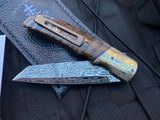 Jason Clark Custom Knives Folder “1-Tanto” Koa Wood Scales and Mokume Bolsters w/ Damasteel Plain Edge Blade