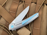 Hog House Knives Model T Titanium Body w/ Light Blue Anodized Hardware and Blasted RWL-34 Blade (3.36”) HHK-T-BR-SLBL