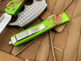 Microtech Ultratech S/E Zombietech Green Aluminum Blood Splatter Body w/ Stonewashed Plain Edge Blade (3.4”) 121-10Z