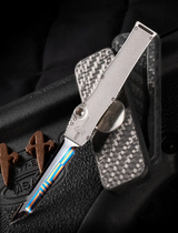 Marfione Custom Mini Halo III Stainless Steel Body w/ Mother of Pearl Inlaid Button/Charging Handle and Blued Mosaic Damascus Tanto Blade (2”)