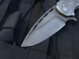 Mikkel Willumsen One of One Custom Folder Topographical Milled Titanium Body w/ OD Green Ti Backspacer/Pocket Clip and Damascus Plain Edge Blade (3.25”)