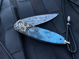 William Henry B05 Monarch “Blue Flame” Mokume Gane Body w/ Blue Poplar Burl Wood Inlay and Chad Nichols ‘Intrepid’ Damascus Plain Edge Blade (2.63”)