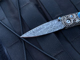 William Henry B05 Monarch “Blue Flame” Mokume Gane Body w/ Blue Poplar Burl Wood Inlay and Chad Nichols ‘Intrepid’ Damascus Plain Edge Blade (2.63”)