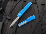 Microtech UTX-70 D/E Distressed Blue Aluminum Body w/ Apocalyptic Double Full Serrated Blade (2.42”) 147-D12DBL