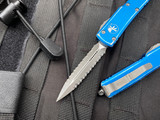 Microtech UTX-70 D/E Distressed Blue Aluminum Body w/ Apocalyptic Double Full Serrated Blade (2.42”) 147-D12DBL