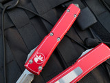 Microtech Ultratech T/E Distressed Red Aluminum Body w/ Apocalyptic Full Serrated Blade (3.4”) 123-12DRD