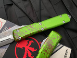 Microtech Zombietech Ultratech D/E Green Blood Splatter Aluminum Body w/ Stonewashed Full Serrated Blade (3.4”) 122-12Z