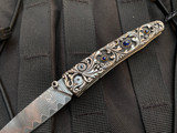 William Henry B10 Lancet 'Radiant' Hand Carved Sterling Silver Body w/ Sapphire Inlays and WH ‘Wave’ Damascus Plain Edge Blade (2.75”)