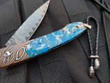 William Henry B10 Lancet 'Kingman' Custom Folder Mike Sakmar 'Twist' Mokume Body w/ 'Zinc Matrix' Turquoise Scales and 'Wave' Damascus Plain Edge Blade (2.75")